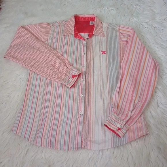 Twenty X Womens Button Up Shirt Multicolor Striped Long Sleeve Cuff Boyfriend M - Picture 1 of 9